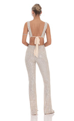Sequin Back Tie Jumpsuit in Champagne