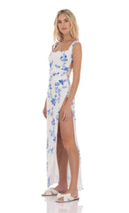 Floral Open Back Bow Maxi Dress in White