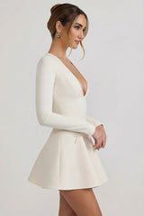 Bow-Detail Plunge-Neck A-Line Mini Dress in Ivory