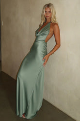 Jessa Plunge Halter Neck Maxi Dress - Olive