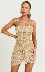 Ivy Mini Dress - Strappy Straight Neck Lace Detail Dress in Natural