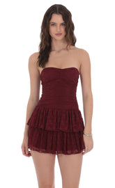 Lace Strapless Ruched Ruffle Dress in Burgundy