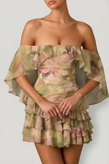 Off-Shoulder Ruffled Mini Dress in Floral Multi Print