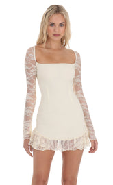 Long Lace Sleeve Ruffle Dress in Cream