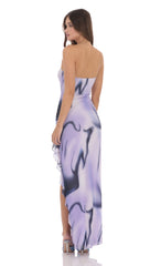 Swirl Mesh Strapless Ruffle Slit Dress in Purple