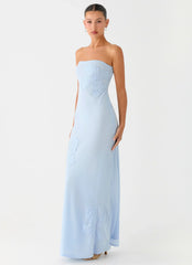 Sassafras Beaded Flower Strapless Maxi Dress - Blue