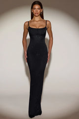 Sheer Embellished Backless Maxi Dress in Black