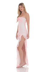 Tie Dye Mesh Ruffle Slit Maxi Dress in White