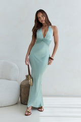 Destinations Halter Satin Maxi Dress Sage