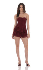 Lace Strapless Ruched Ruffle Dress in Burgundy