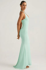 Ruched Backless Halterneck Gown in Mint
