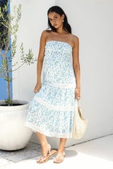 Under Palm Trees Strapless Midi Dress Blue