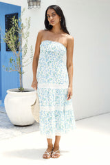 Under Palm Trees Strapless Midi Dress Blue