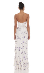 Floral Strapless Back Bow Corset Maxi Dress in White