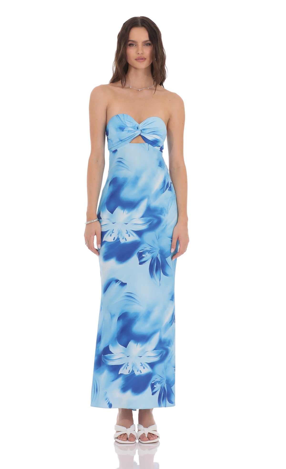 Floral Cutout Strapless Maxi Dress in Blue