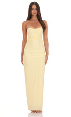 Pointed Corset Strapless Maxi Dress in Yellow