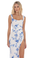 Floral Open Back Bow Maxi Dress in White