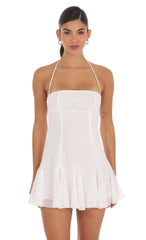 Embroidered Floral Flared Mini Dress in White