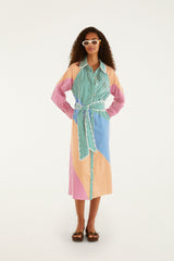 Multicolor Stripes Embroidered Belted  Midi Dress